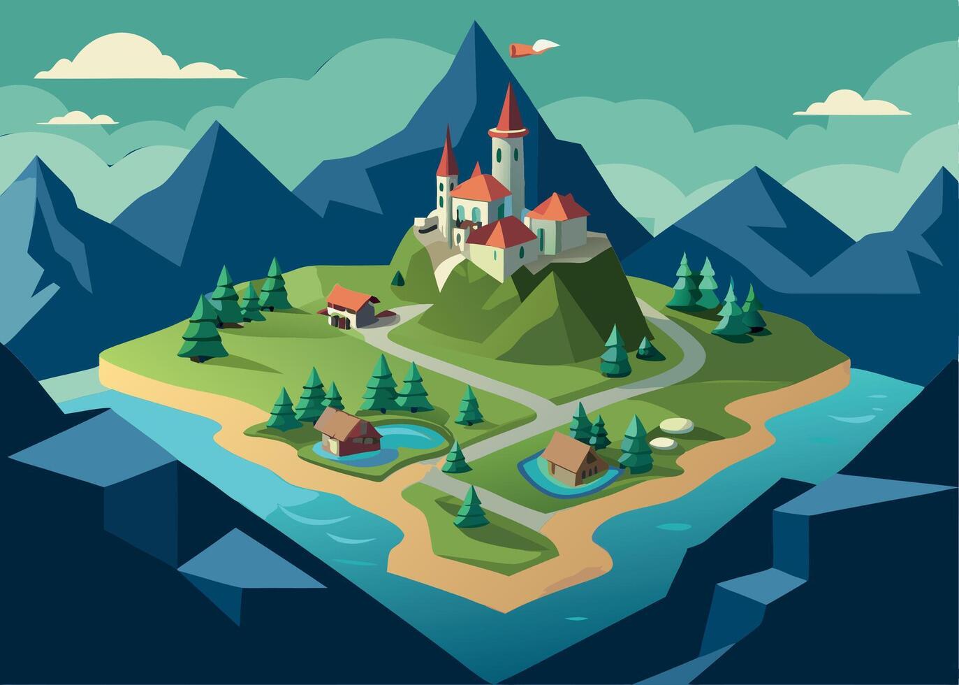 Fantasy castle with tower. Magic medieval stronghold. Fairytale kingdom architecture. Mountain palace building. Beautiful cartoon landscape. Royal house vector