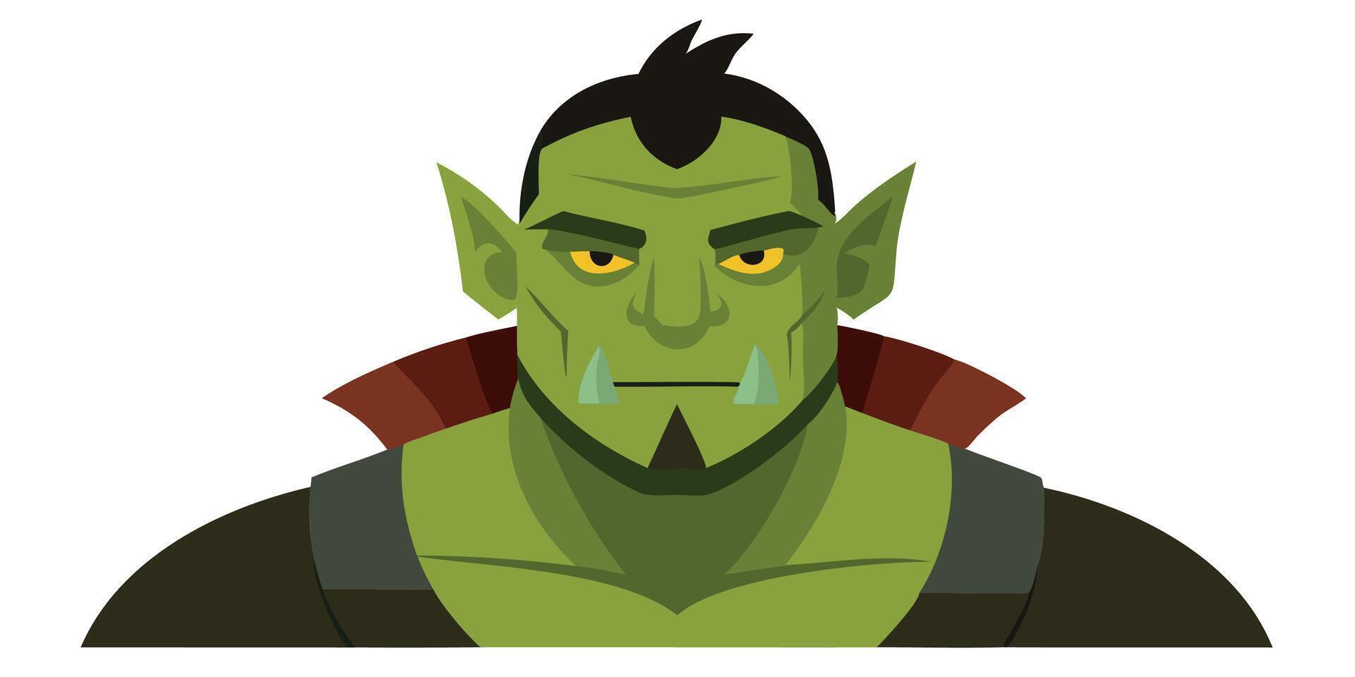 Fantasy orc character. Evil ugly ogre. Angry troll, fairy tale gremlin face. Cartoon green goblin warrior vector