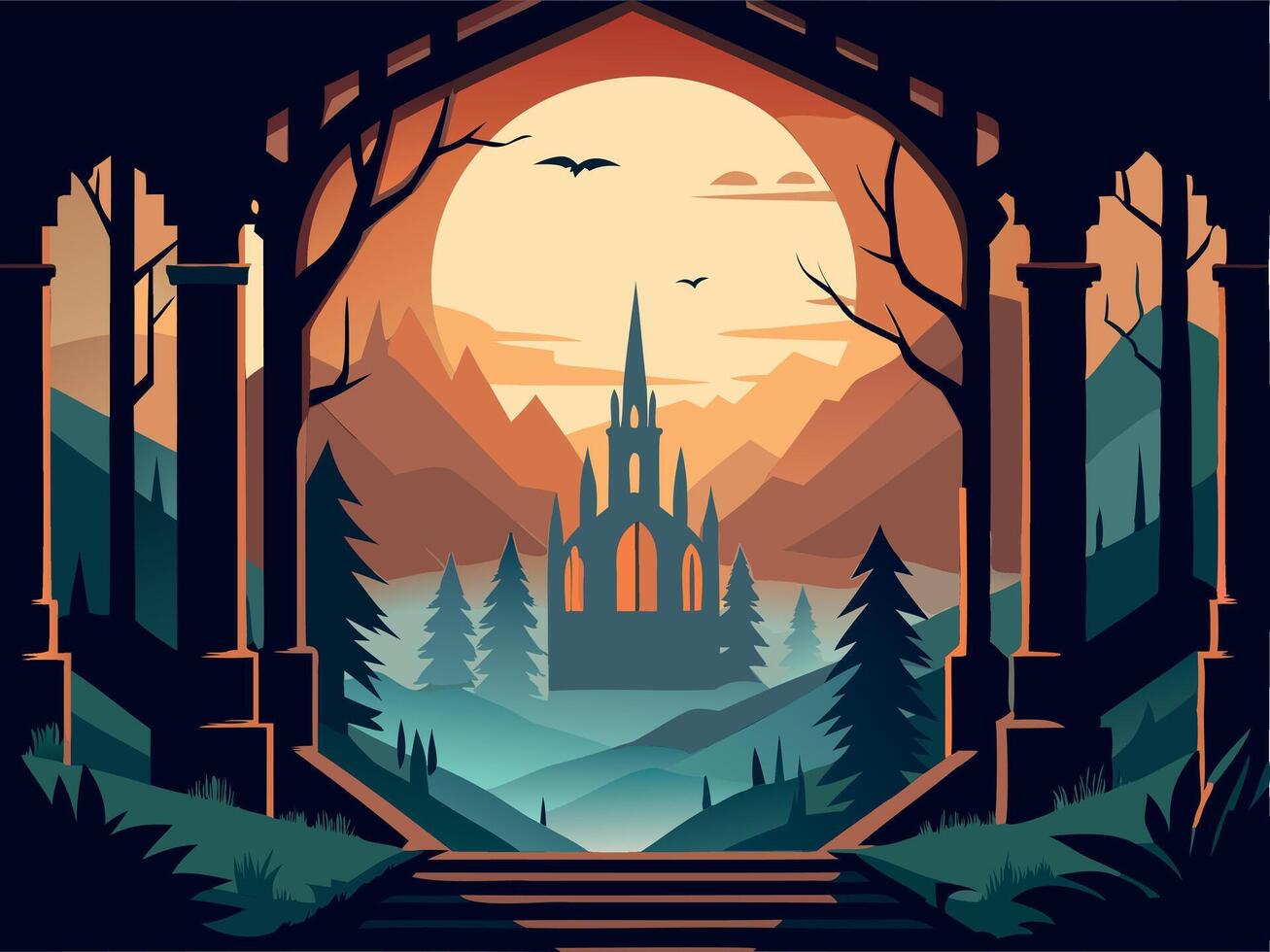 Magic arch. Fantasy teleport door. Portal frame. Wizard doorway. Mysterious castle gateway entrance. Ancient stone gate vector