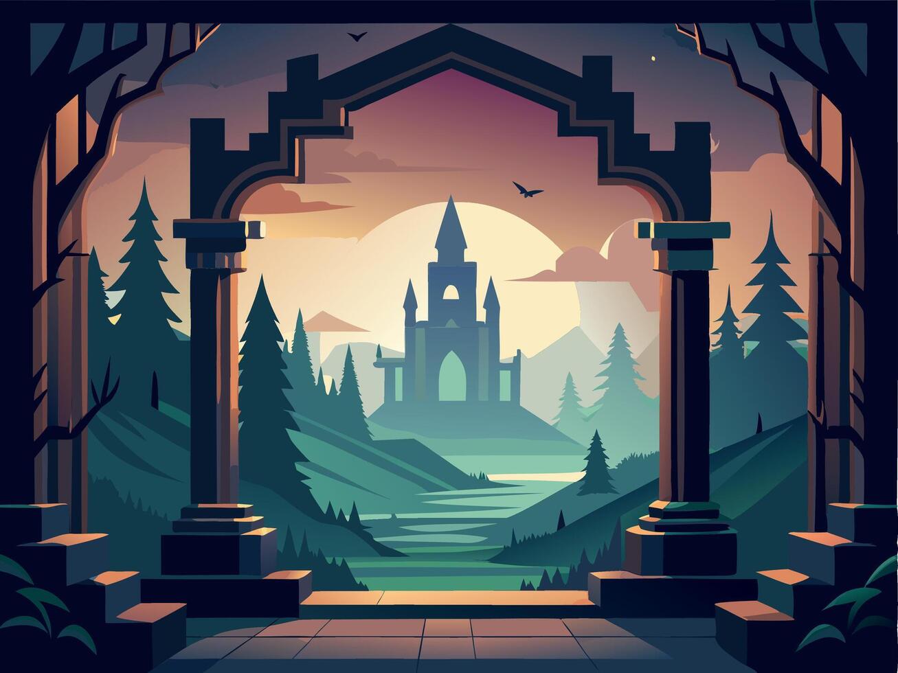 Magic arch. Fantasy teleport door. Portal frame. Wizard doorway. Mysterious castle gateway entrance. Ancient stone gate vector