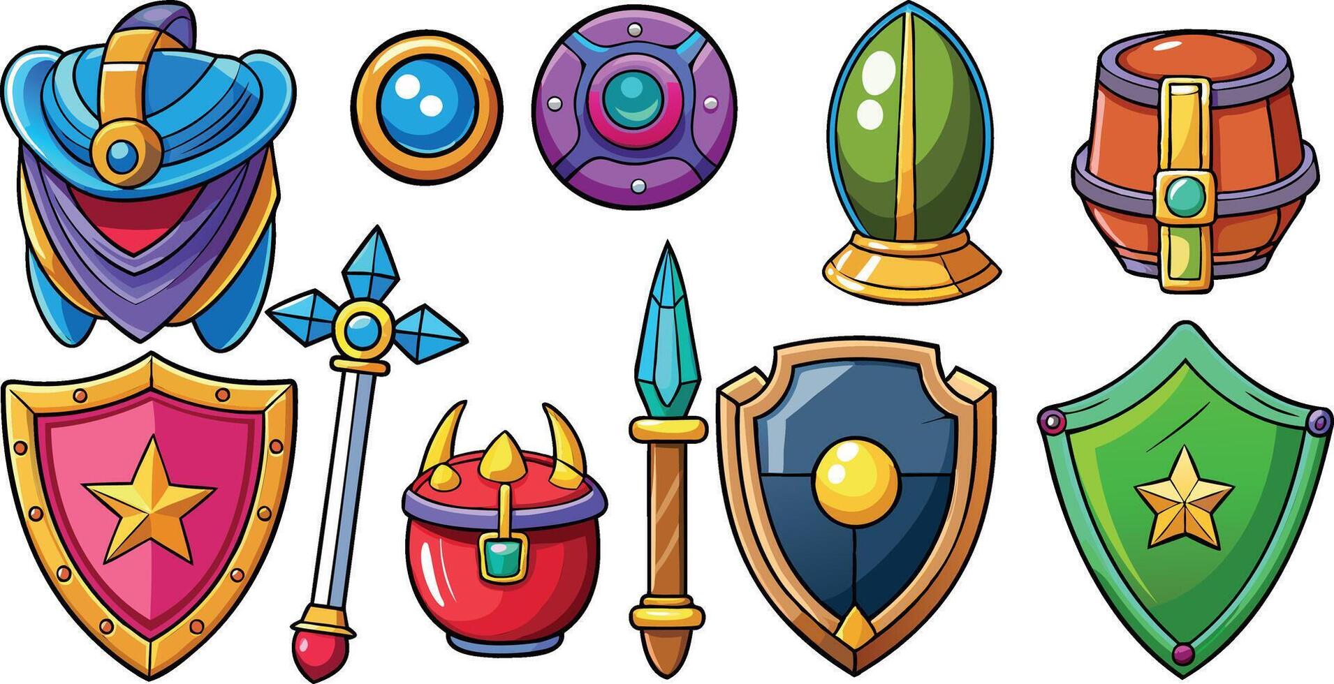 Fantasy armor set. Cartoon ancient military ammo, soldier helmet and vintage shield. Medieval knight weapon vector