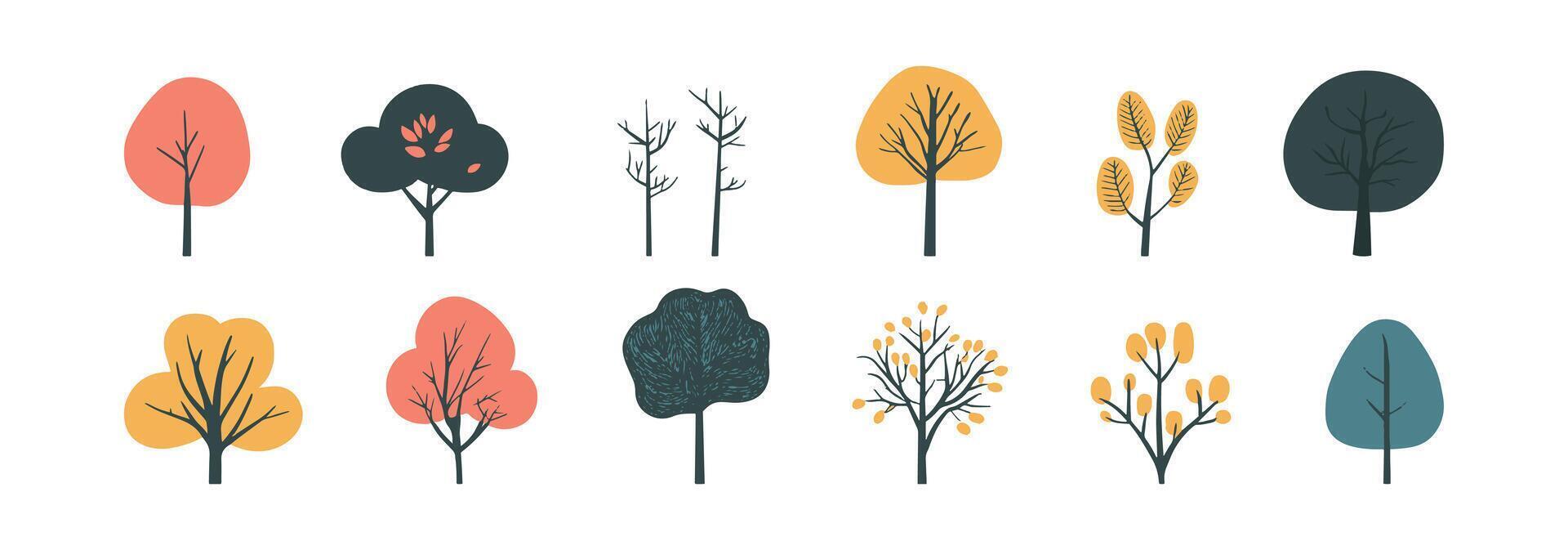 Set of tree and leaf collection hand drawn flat design element. botanical set of bare trees and ones with green leaves vector