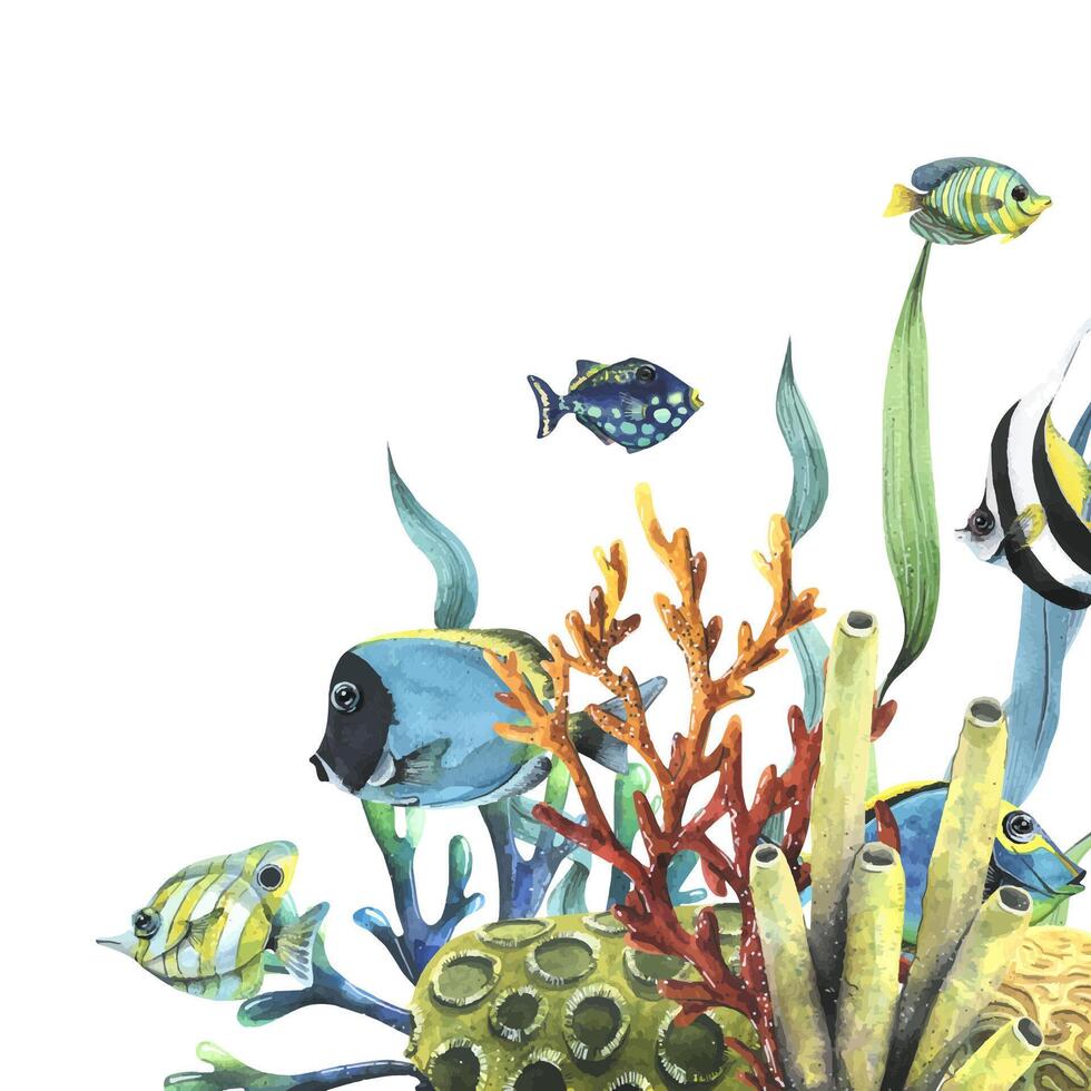 Bright reef fish with corals, sea sponges and algae. Watercolor illustration. Temlate from the collection TROPICAL FISHES. For decoration and design of summer and beach prints, stickers vector