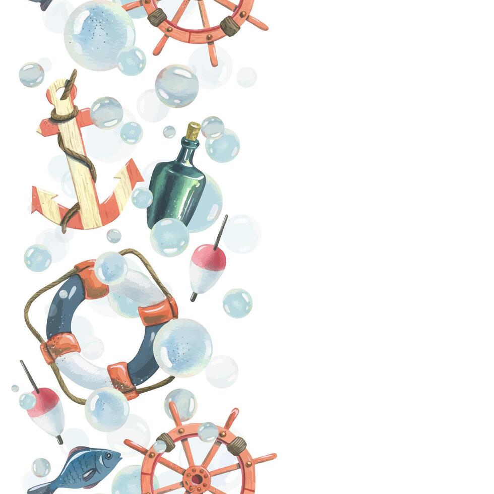 Anchor, ship s wheel, lifebuoy, float fishing float with fish and bubbles. Watercolor hand-drawn illustration. Seamless border vertical, pattern, endlessly repeating ornament, on a white background vector