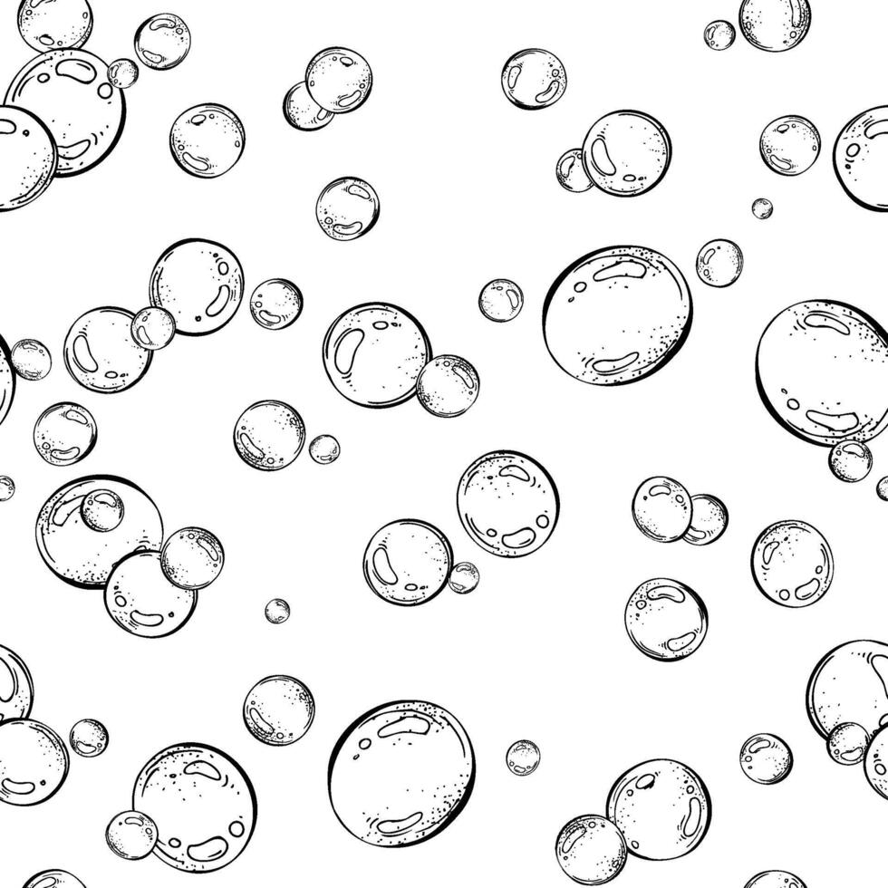 Blue water bubbles of different sizes and tones in a chaotic order. Graphic linear drawing, hand drawn in black and white monochrome. nautical. Seamless pattern vector
