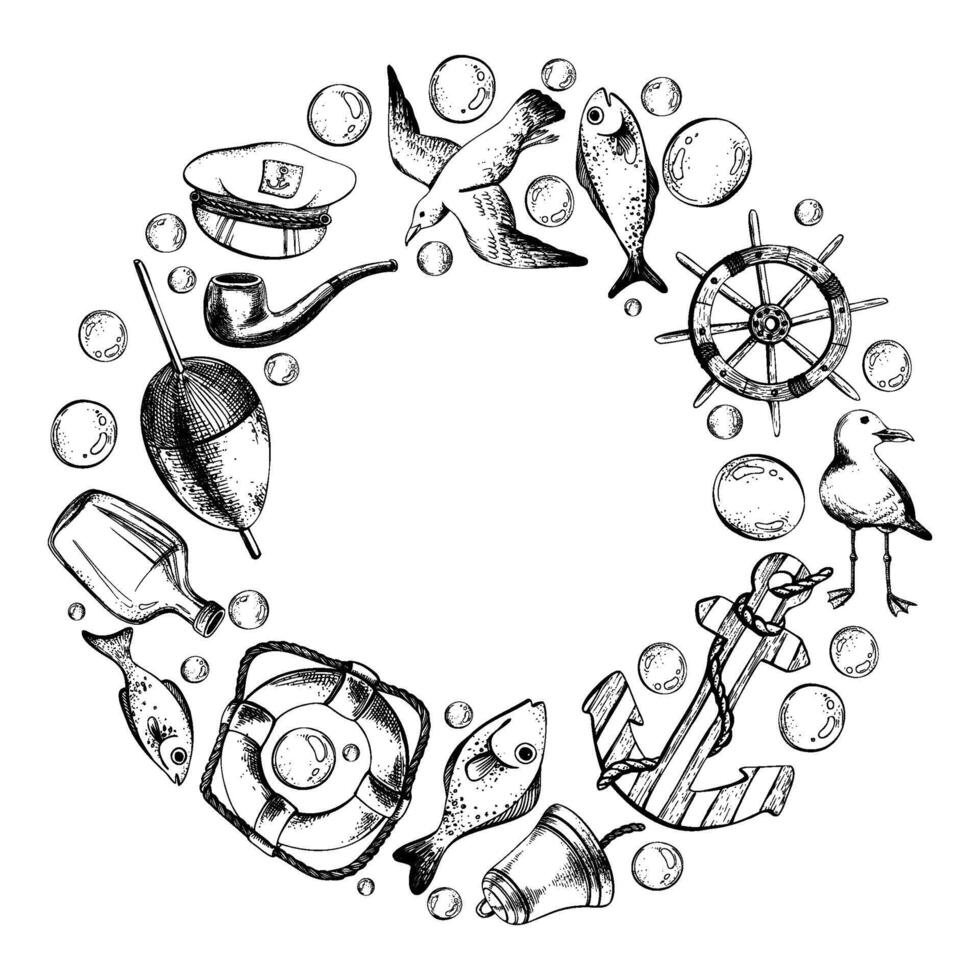 Round frame with elements of sea fishing, yachts, steering wheel, anchor, bubbles. Graphic linear drawing, hand drawn in black and white monochrome. nautical. Frame template wreath vector