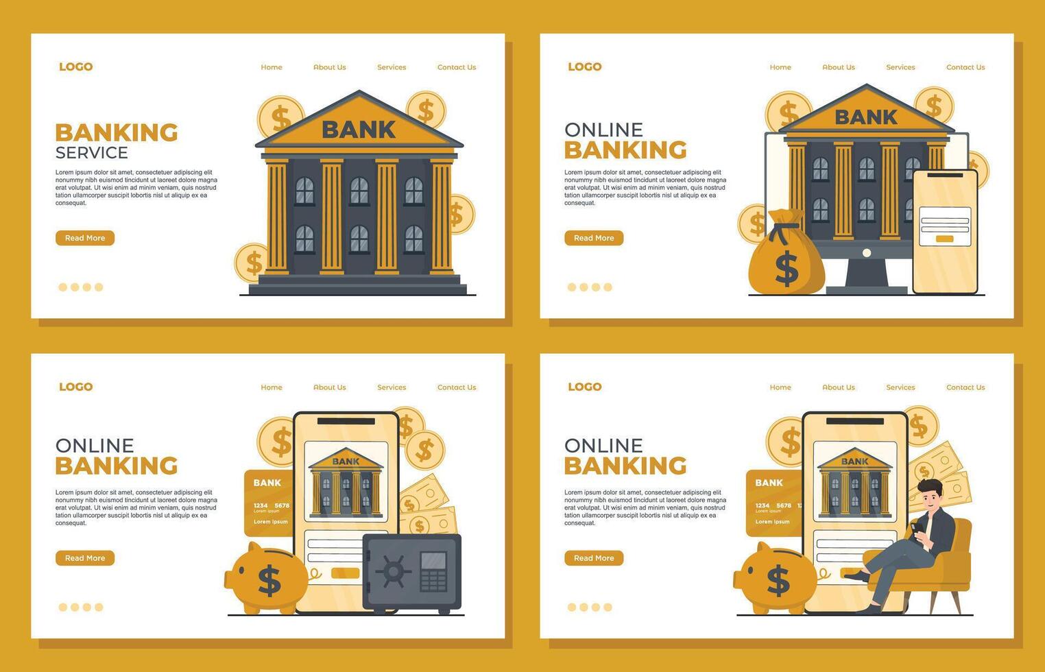 Online banking service Landing page Set about banking and finance. Flat design illustration. vector
