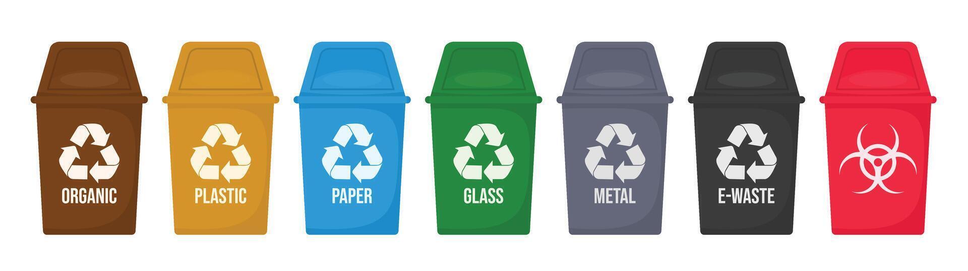 Garbage recycle bins set plastic glass metal organic paper e waste sorting recycle vector