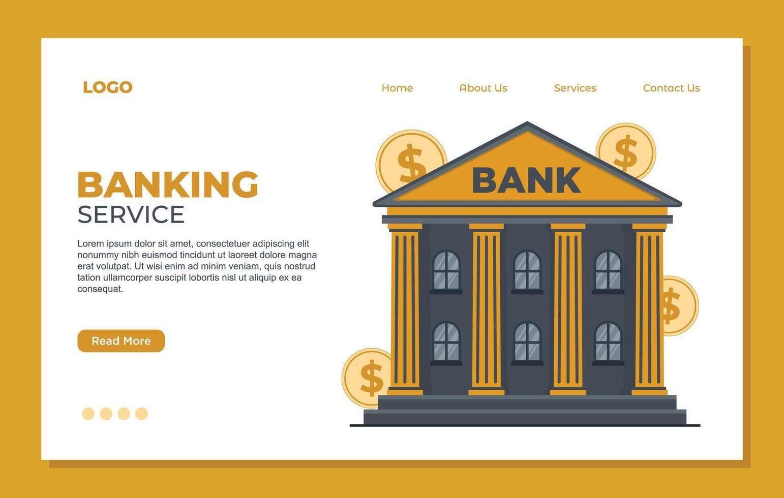 Bank building landing page. banking service flat illustration of bank building with gold coins. vector