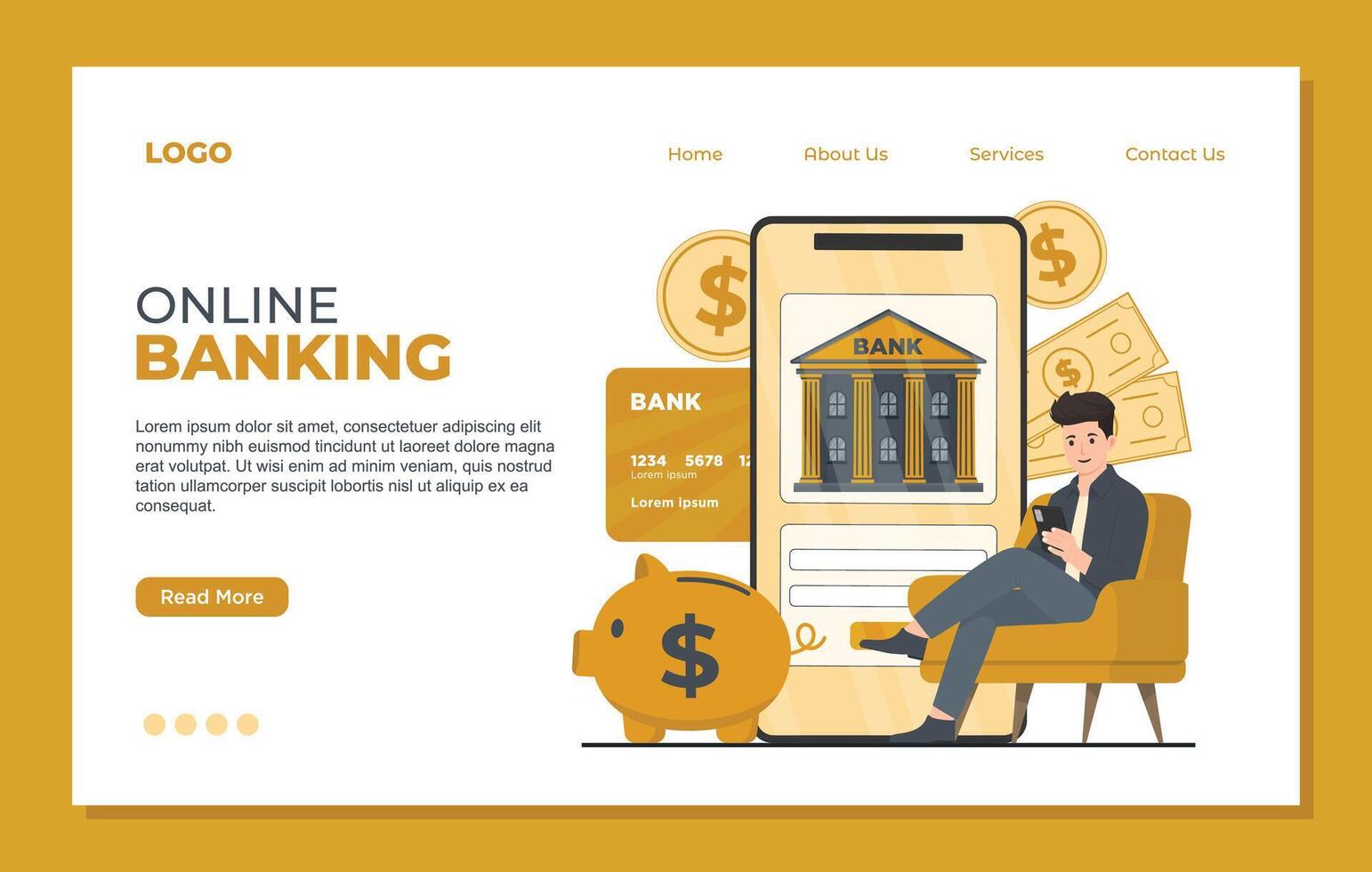 Online banking landing page. Man sitting in armchair with piggy bank and smartphone. illustration vector