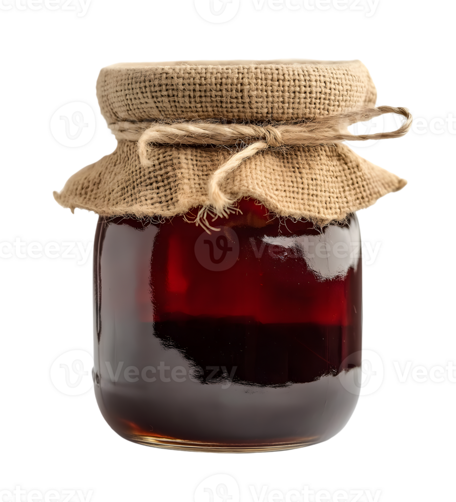 Glass Jar of Thick Dark Red Liquid with Burlap Lid and Twine isolated on transparent background png