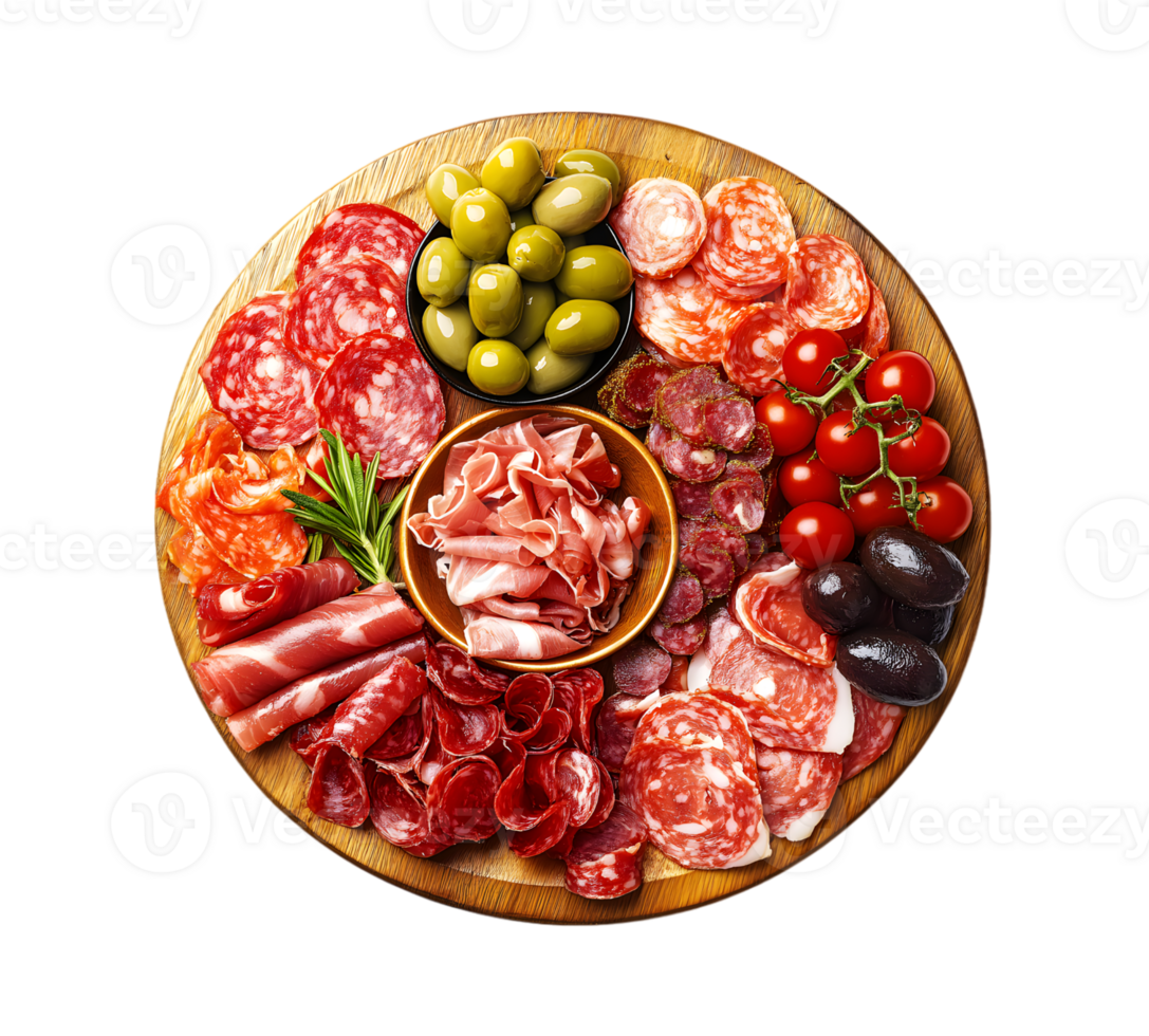 Delicious Antipasto Board with Assorted Meats and Snacks isolated on transparent background png