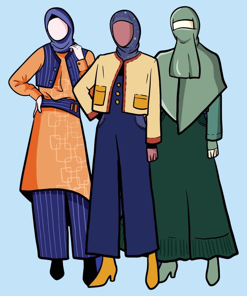 three women wearing hijabs with stylish clothes for the month of Ramadan vector
