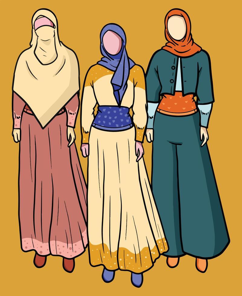 beautiful women wearing hijabs with different styles vector