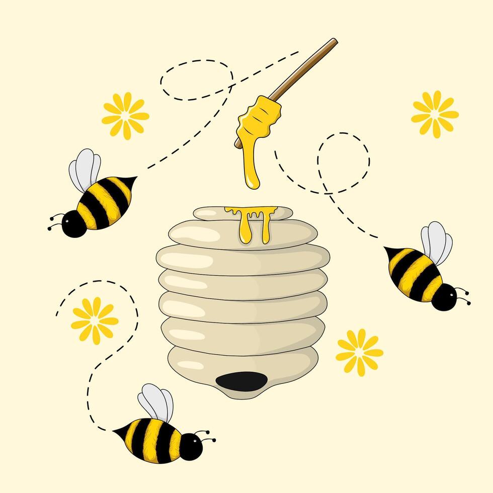 A cute bee illustration with honeycomb cells and dripping honey, warm yellows, and soft, playful details vector