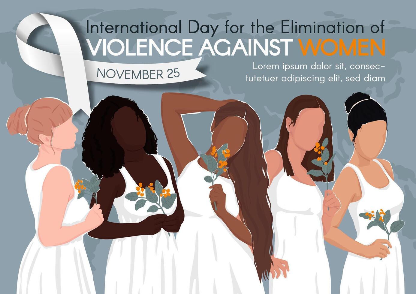 International Day for the Elimination of Violence Against Women. Banner with women from different ethnic groups in white dresses hold flowers in their hands. Hand drawn colorful illustration. vector