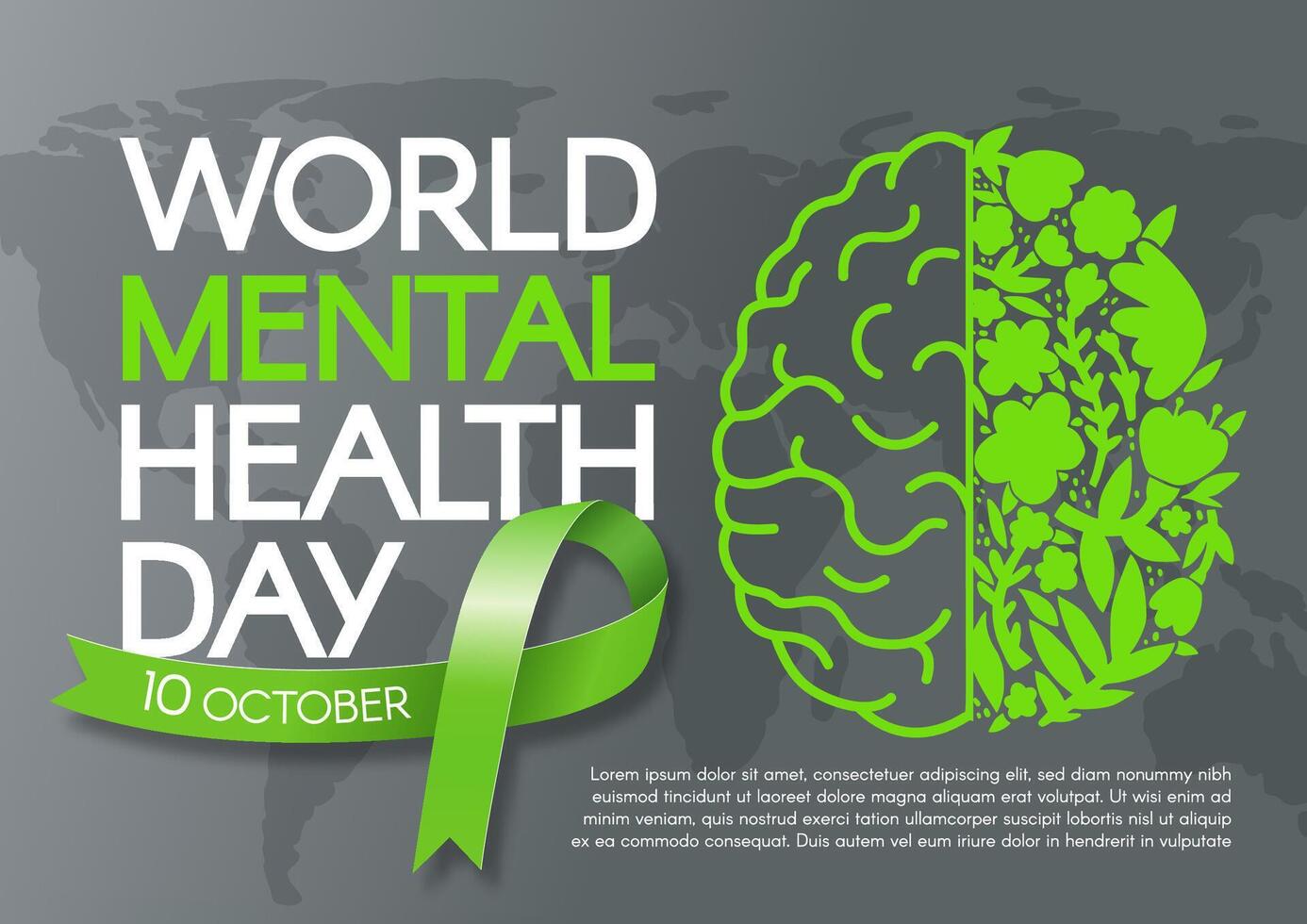 Mental Health Day. Horizontal poster with green ribbon, brain half made of flowers, and text. flat illustration. vector