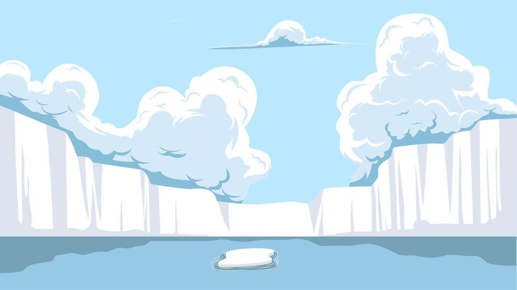 landscape background with illustration of a large ice wall with clouds and sea vector