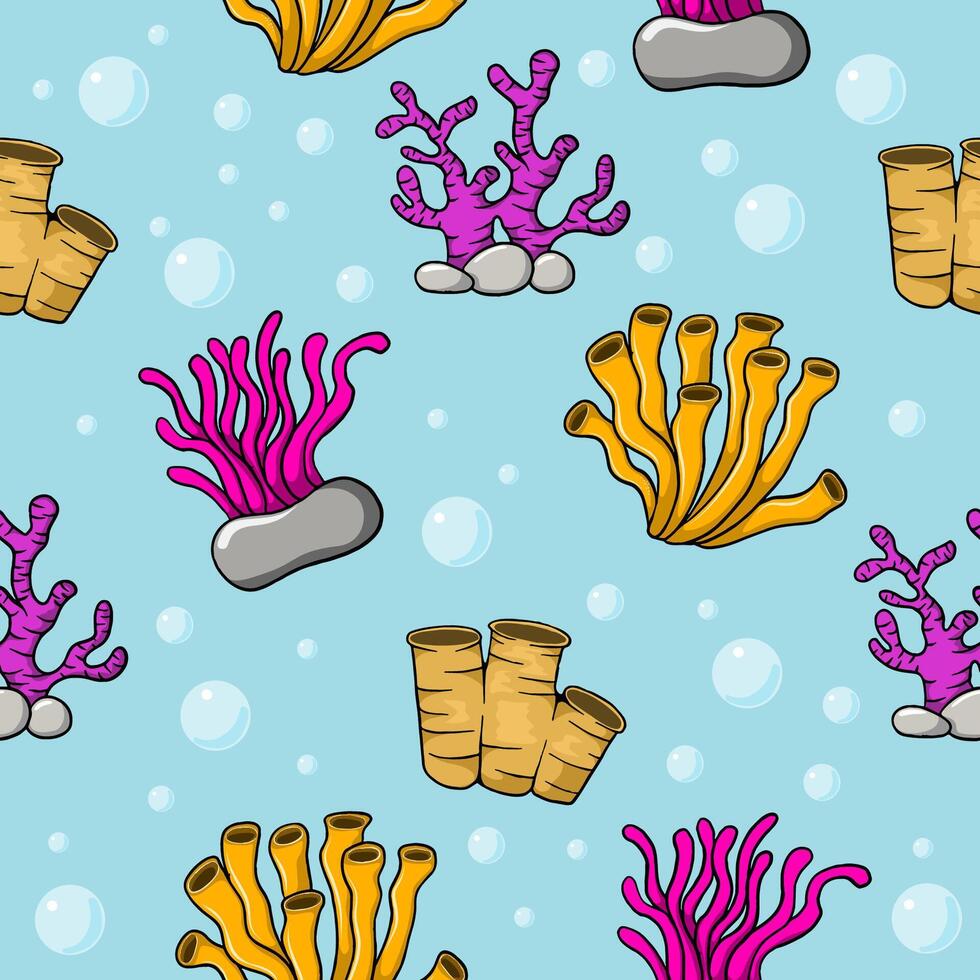 seamless pattern with an underwater theme containing illustrations of various cute coral reefs vector