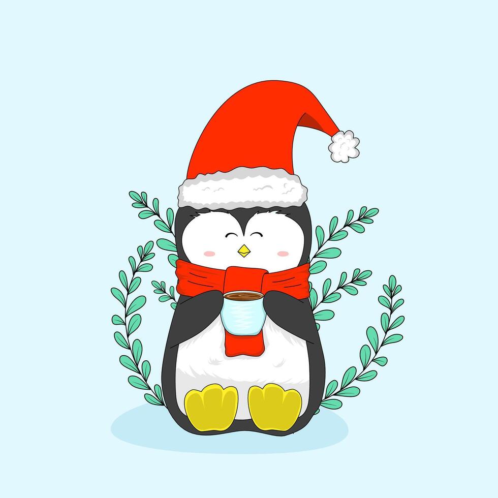 cute penguin illustration with christmas attributes drinking coffee vector
