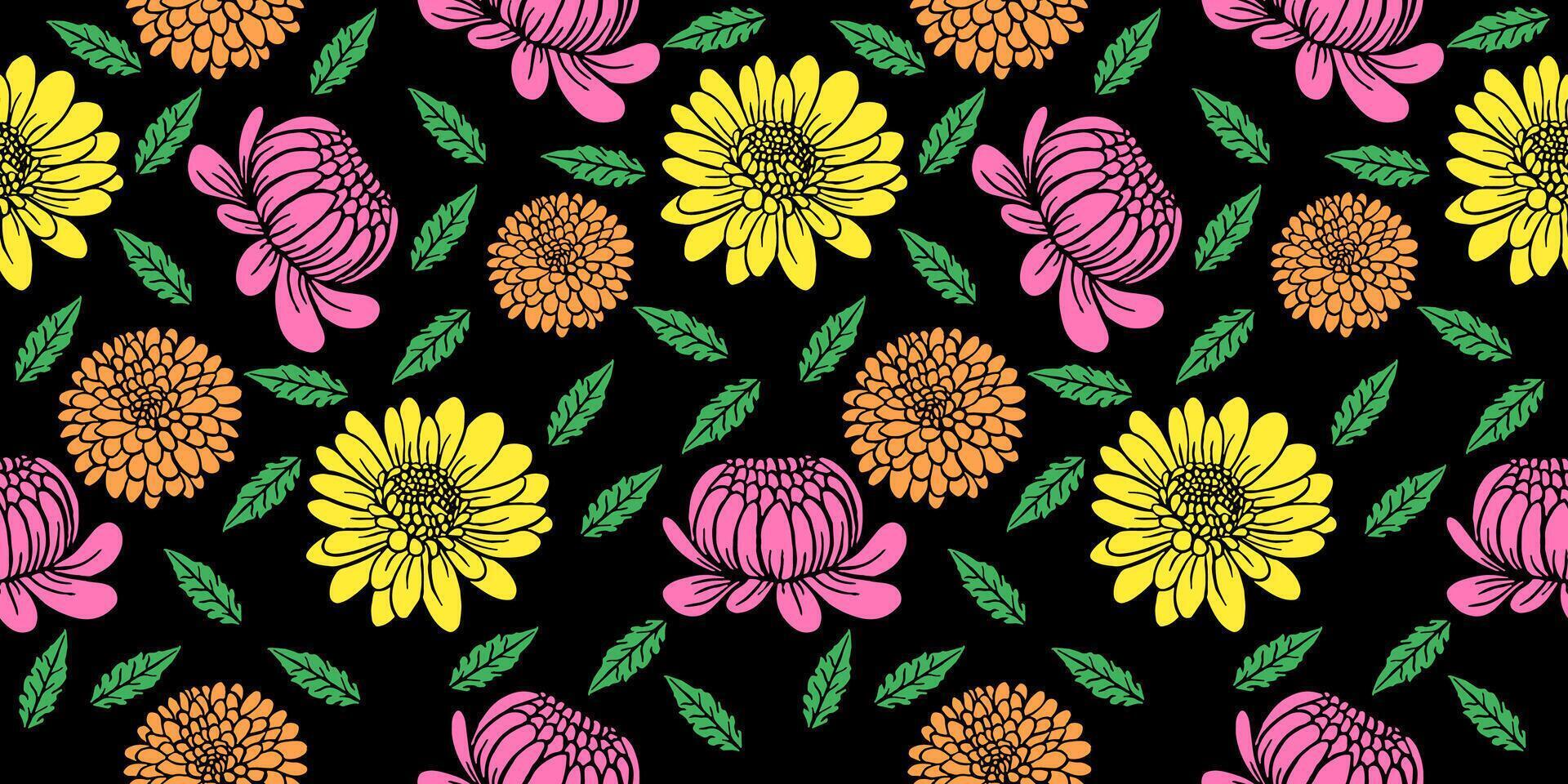 seamless pattern with yellow, orange and pink chrysanthemum flower decoration on a black background vector