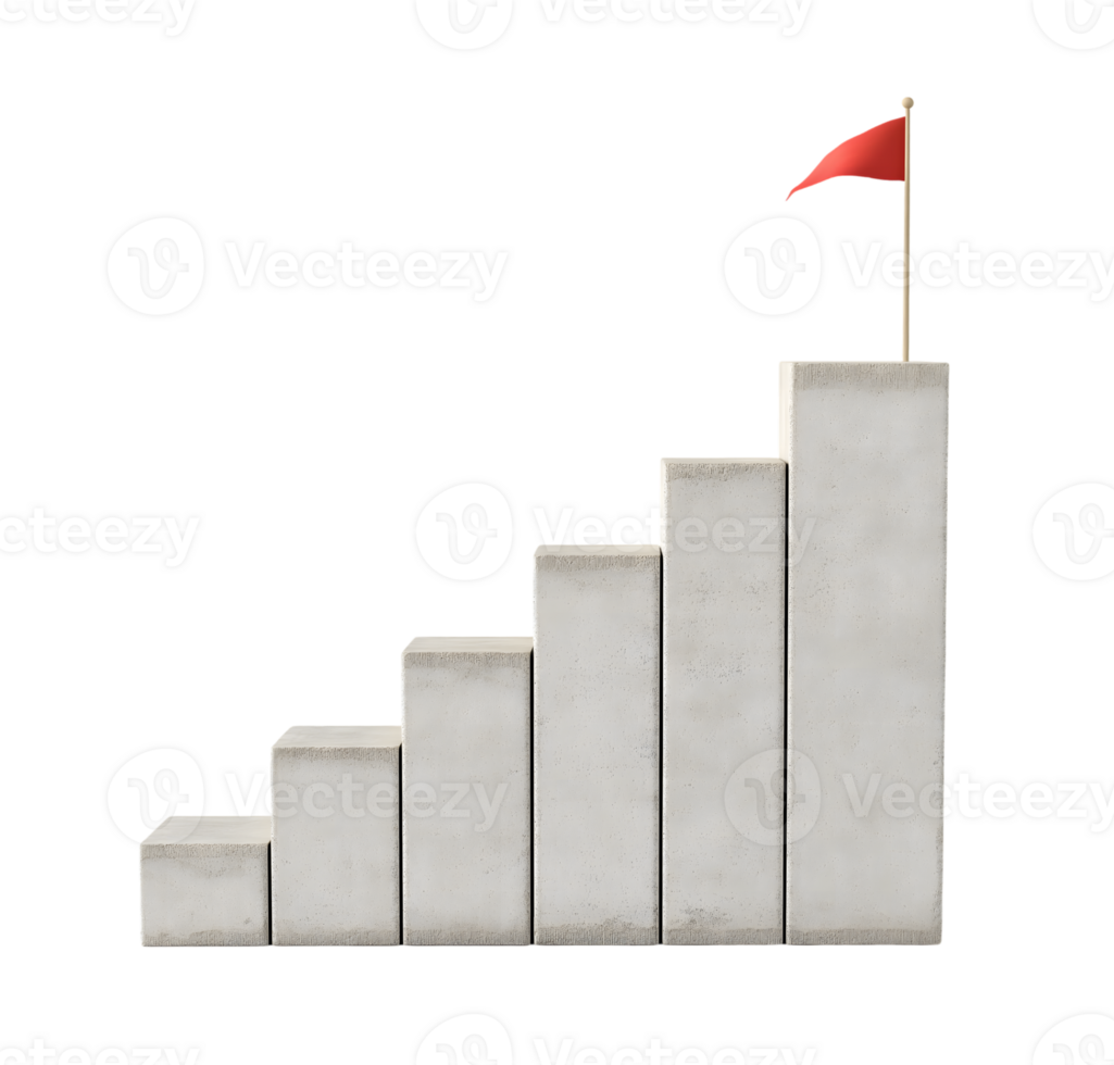 Concrete stair steps rise progressively, culminating in a red flag positioned on the highest step, symbolizing success isolated on transparent background png