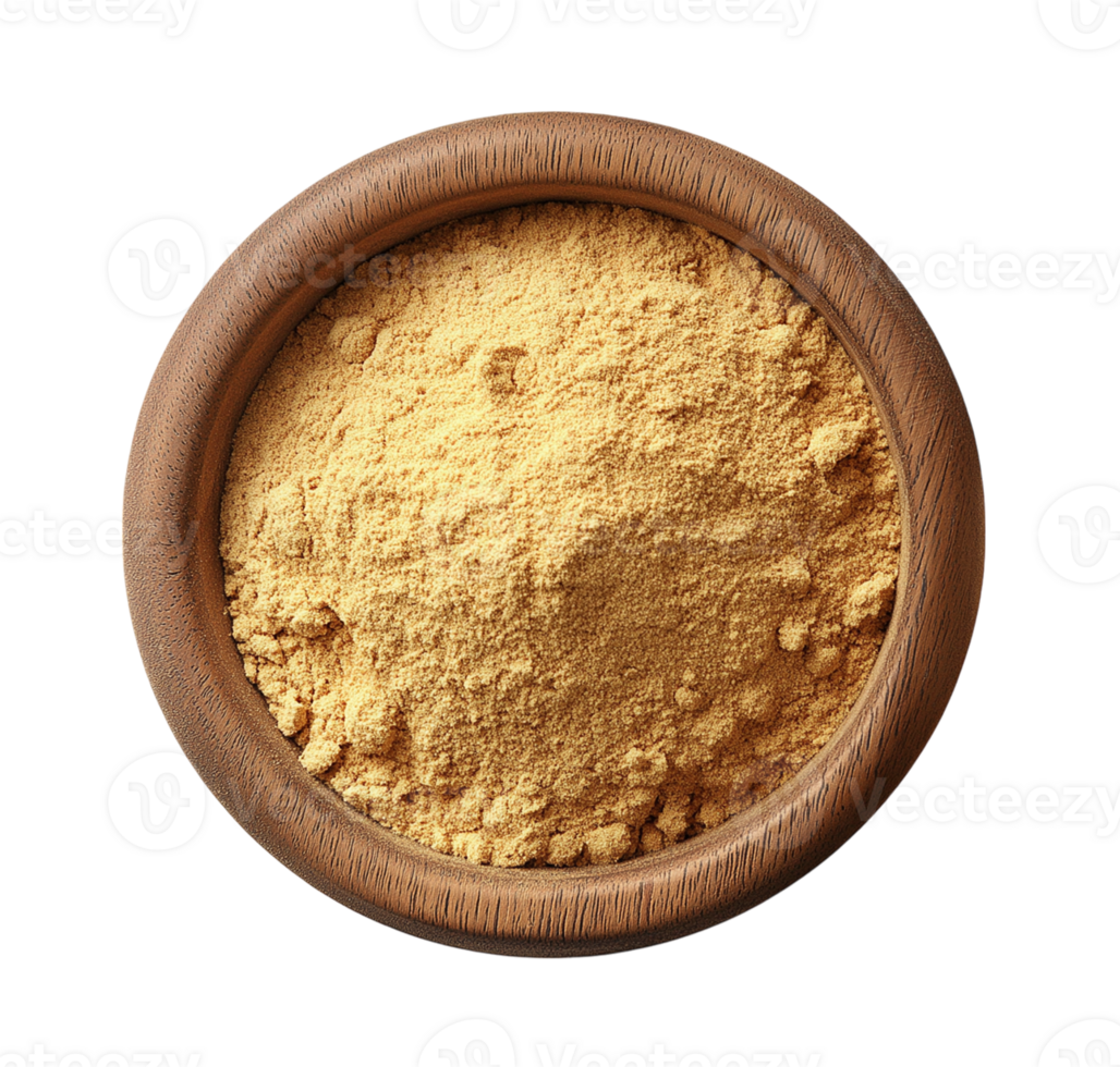 Fresh ginger powder in wooden bowl isolated on transparent background png