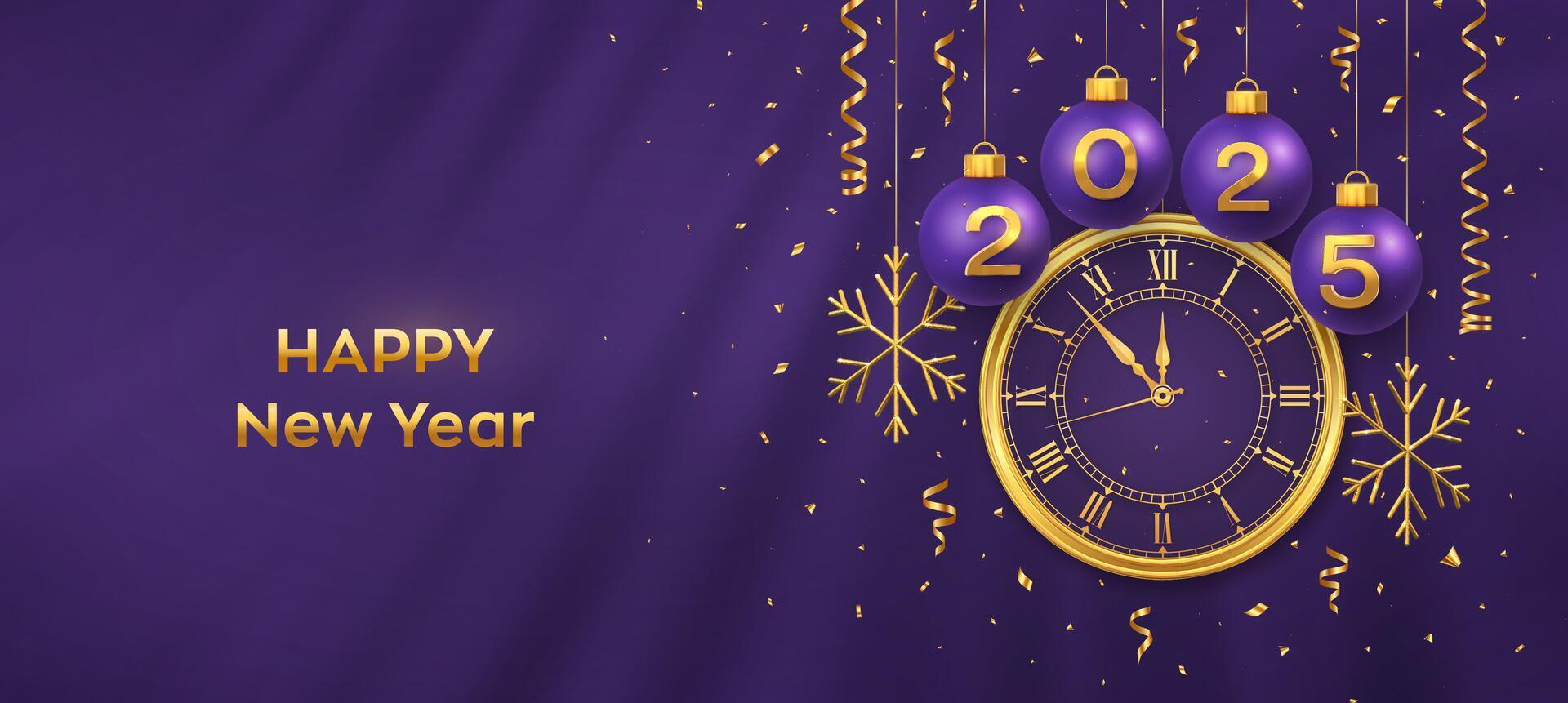 Happy New Year 2025. Hanging purple Christmas balls with realistic gold 3d numbers 2025 and snowflakes. Watch with Roman numeral and countdown midnight, eve for New Year. Merry Christmas. vector