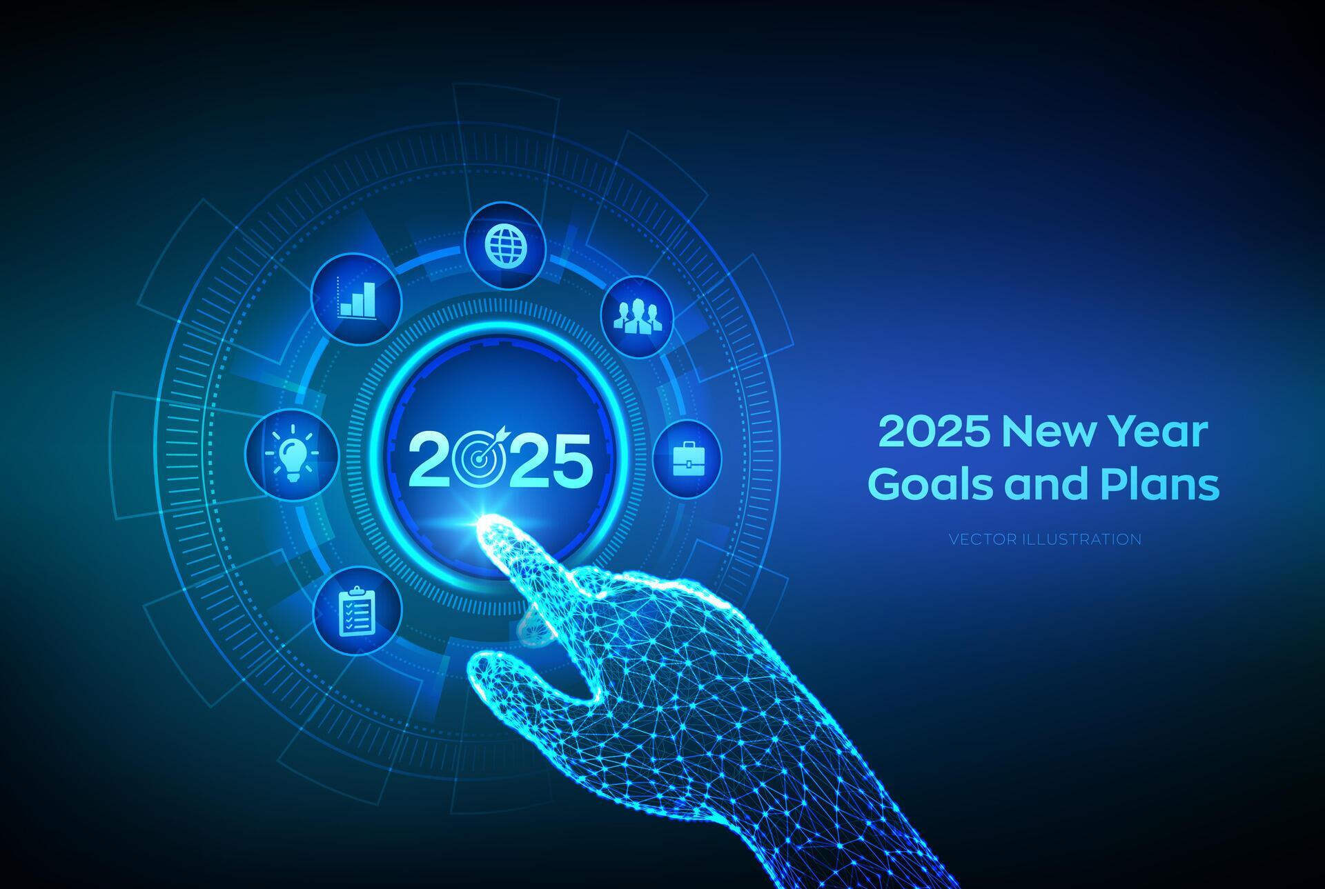 2025 New Year Goals And Plans Business Plan And Strategies Goal 2025 New Year Goals And Plans Business Plan And Strategies Goal Acheiveement And Success In 2025 Resolutions Plan Action Checklist Concept Wireframe Hand Touching Digital Interface Vector