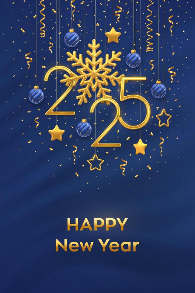Happy New Year 2025. Hanging Golden metallic numbers 2025 with shining snowflakes, 3D metallic stars, balls, confetti on blue background. New Year greeting card, banner template. vector