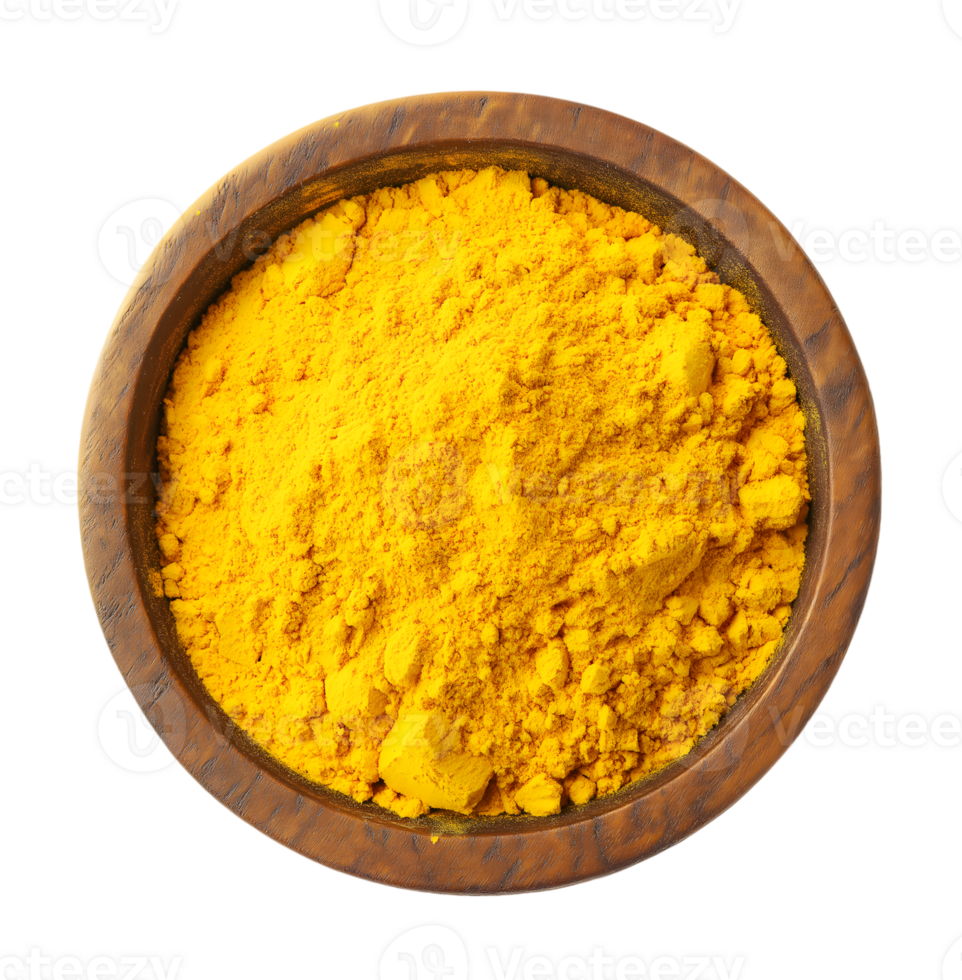 Yellow Spice Powder in a Wooden Bowl isolated on transparent background png