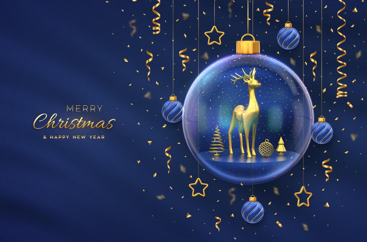 Christmas greeting card. Golden reindeer in a transparent glass ball. Shining stars, glitter confetti. New Year Xmas blue background. Festive holiday poster, banner, flyer. 3D. vector