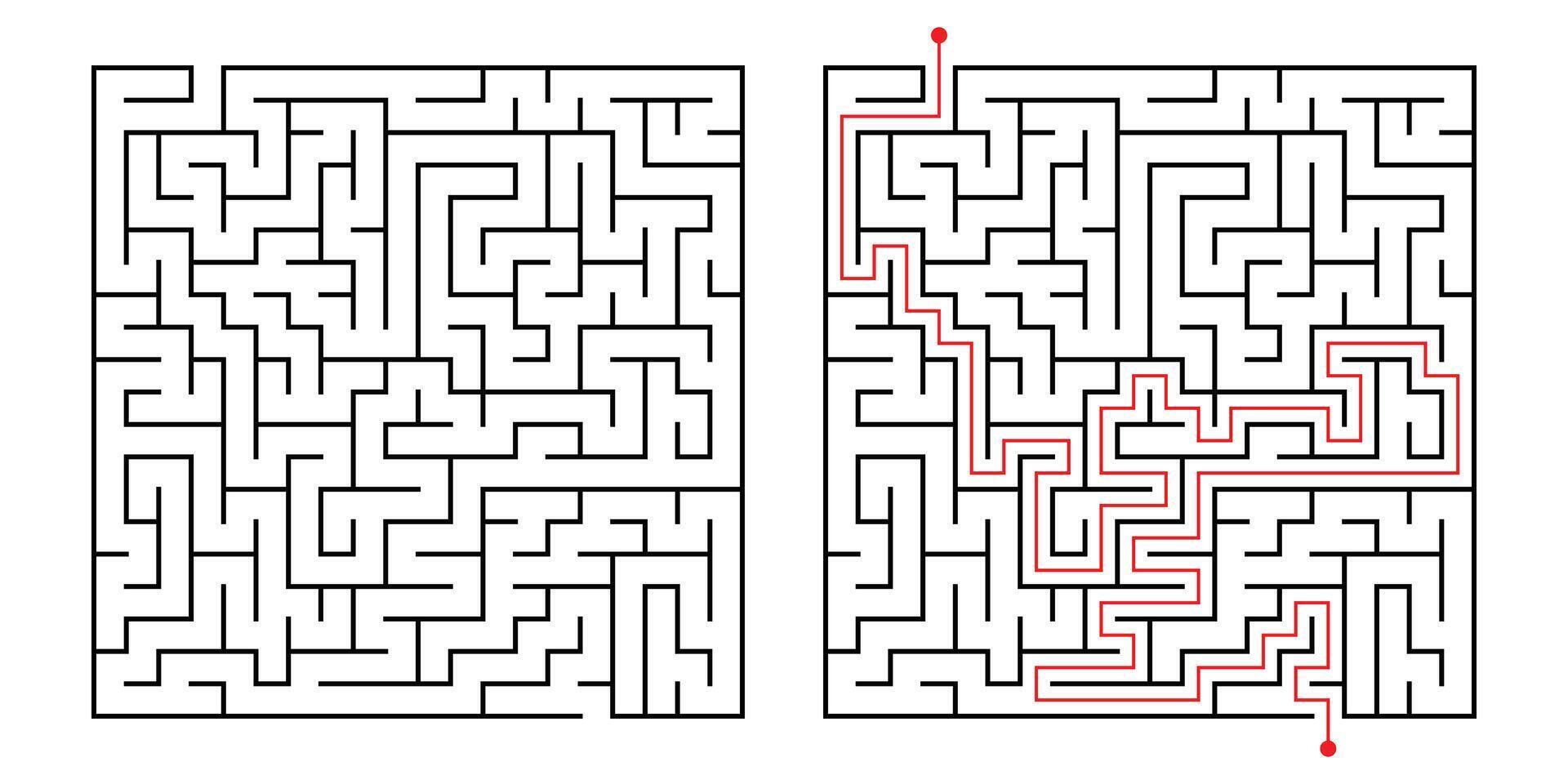Two mazes with red arrows pointing to the right and left vector