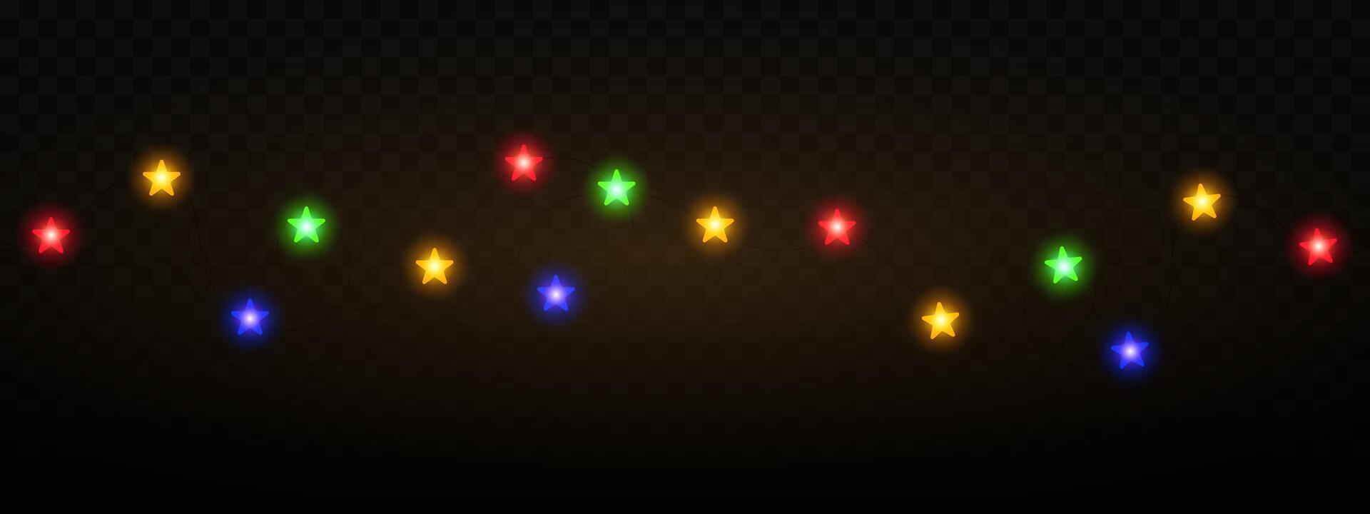 Garland of colorful star shaped Christmas lights hanging on a dark background, festive atmosphere. A string glowing fairy lights on a transparent background. Decorative, warm lighting vector