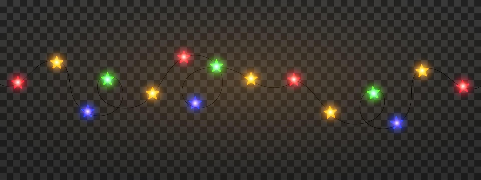 Garland of colorful star shaped Christmas lights hanging on a dark background, festive atmosphere. A string glowing fairy lights on a transparent background. Decorative, warm lighting vector