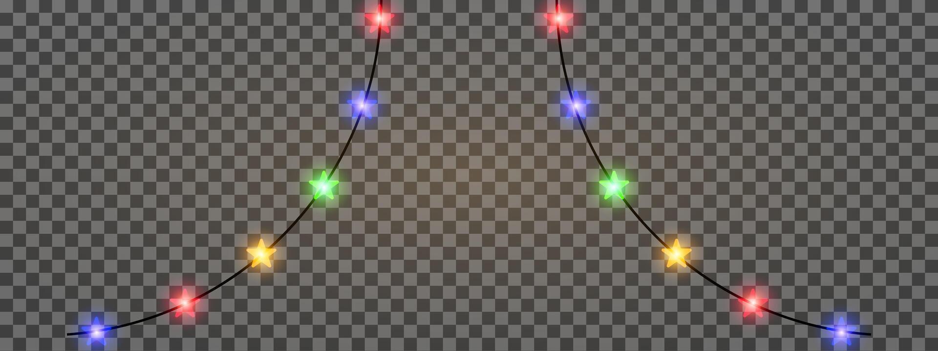Garland of colorful star shaped Christmas lights hanging on a dark background, festive atmosphere. A string glowing fairy lights on a transparent background. Decorative, warm lighting vector