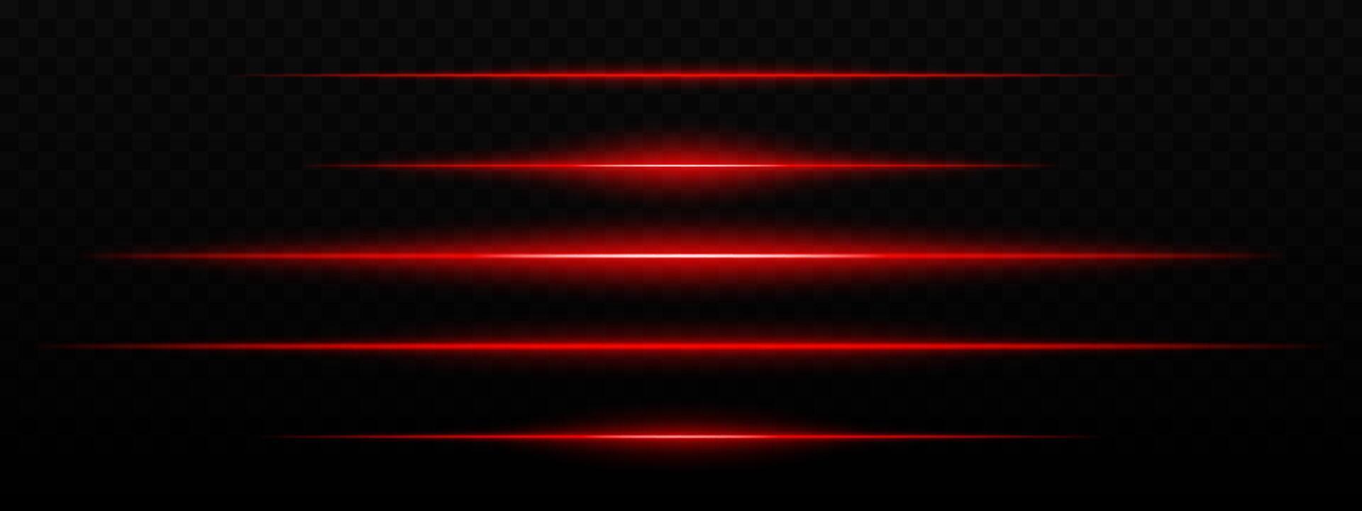 Intense red horizontal light streaks with a glow effect on a dark background. Suitable for futuristic themes, sci-fi effects, or digital transitions. vector