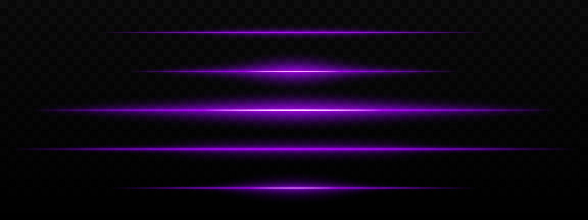 Intense purple horizontal light streaks with a glow effect on a dark background. Suitable for futuristic themes, sci-fi effects, or digital transitions. vector