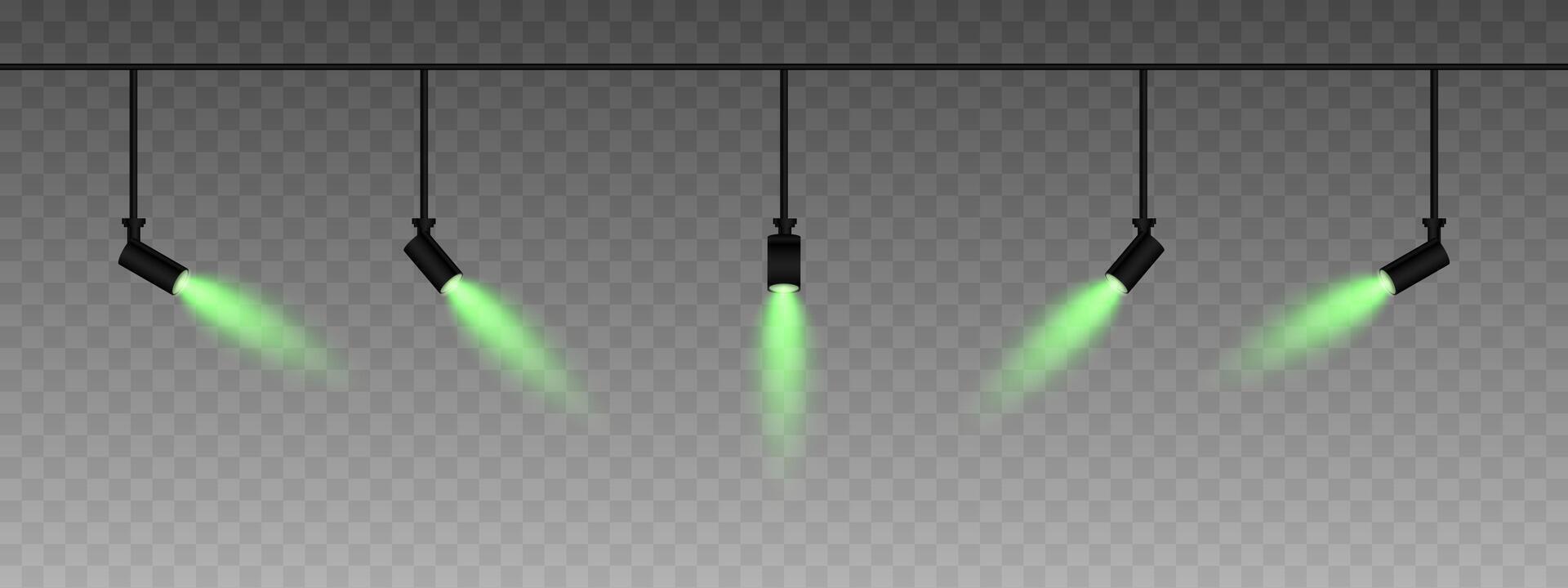 Row of adjustable spotlights emitting a soft green glow. Angled lights create a focused beam effect, adding ambiance to a dark background. Modern interior designs, exhibitions, and stage lighting vector