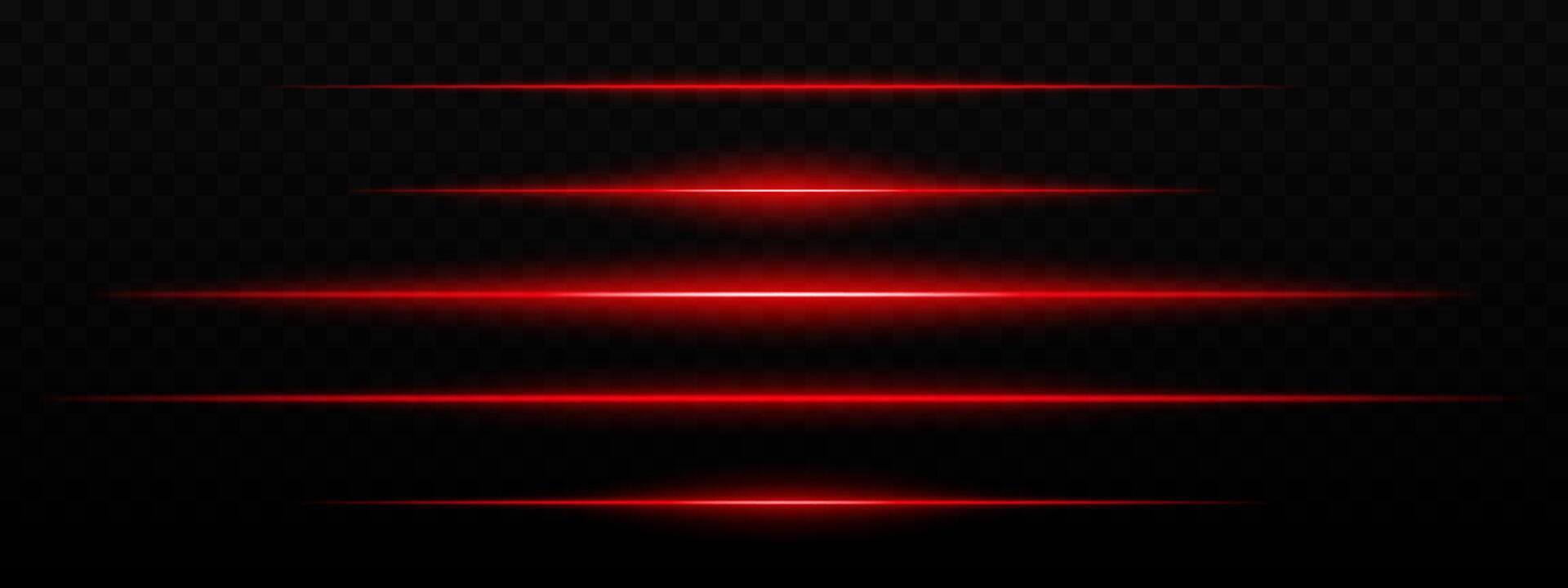 Intense red horizontal light streaks with a glow effect on a dark background. Suitable for futuristic themes, sci-fi effects, or digital transitions. vector