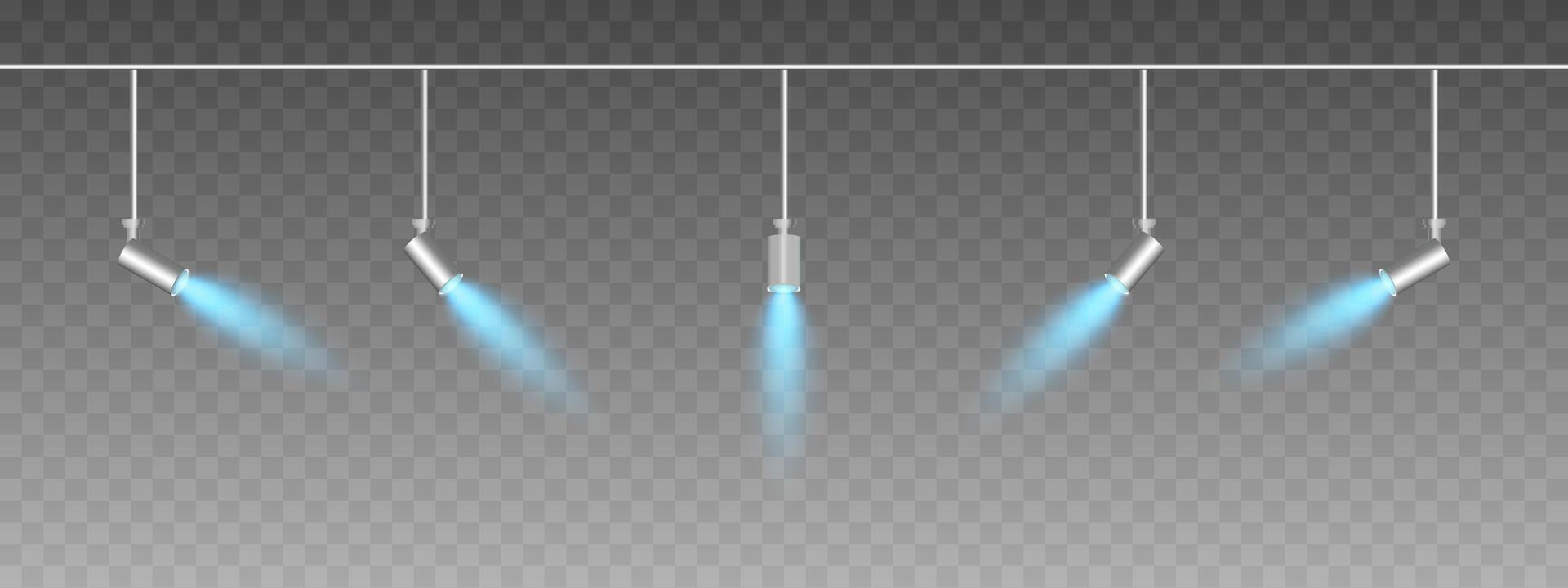 Row of adjustable spotlights emitting a soft blue glow. Angled lights create a focused beam effect, adding ambiance to a dark background. Modern interior designs, exhibitions, and stage lighting vector
