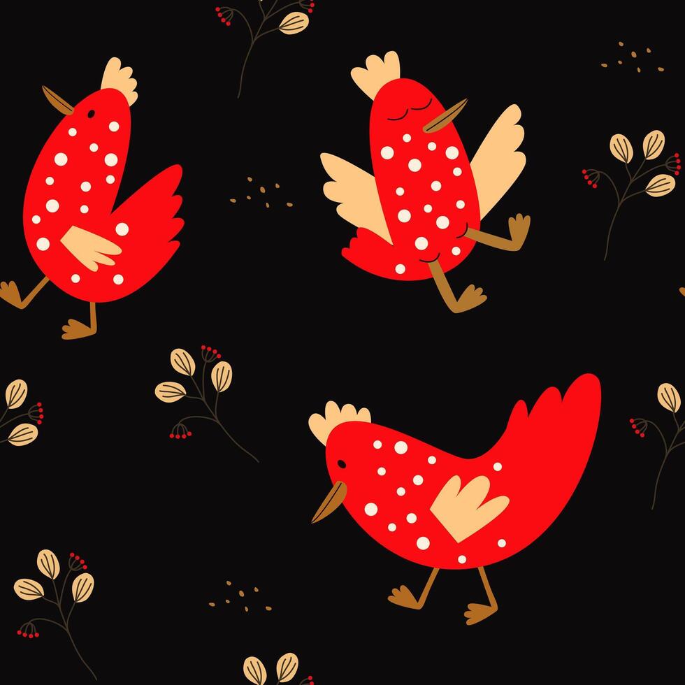 Seamless pattern with cute red chickens, hens, grains, corn, leaves and branches. Seamless farm pattern of hens among flowers on black background, countryside. Funny fabric print vector
