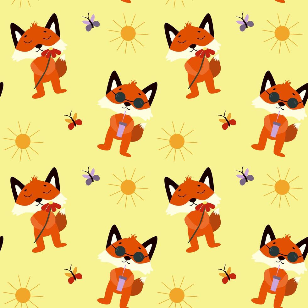 Seamless pattern with cute foxes, summer, sun, butterfly on yellow background. Baby texture for fabric, nursery decoration, textiles, apparel. illustration vector