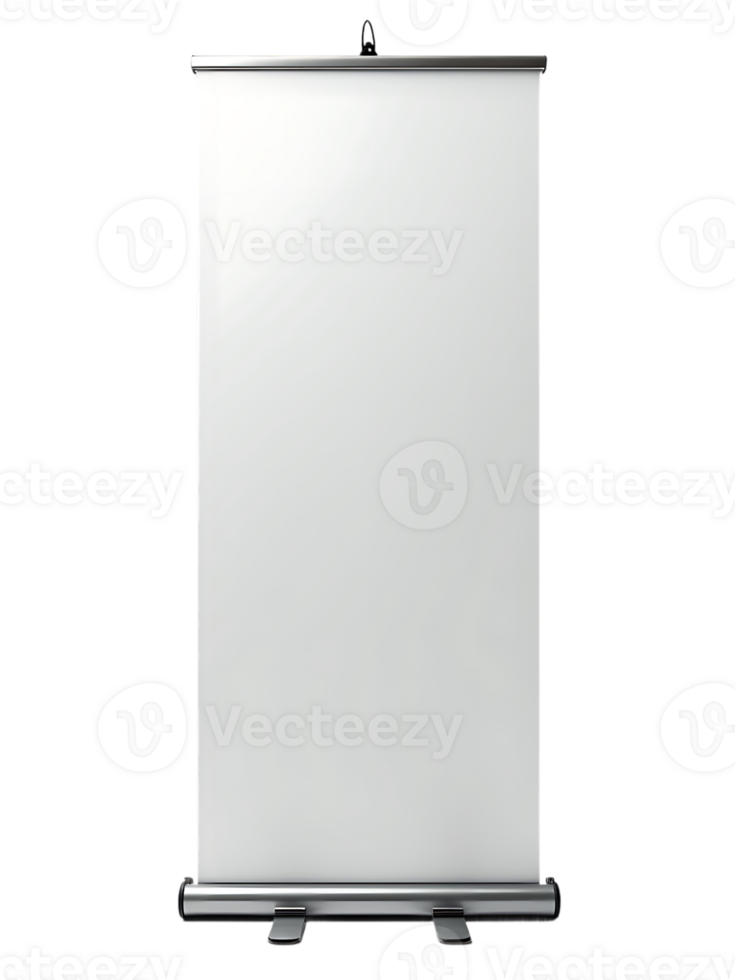 Isolated image of a roll-up banner stand on a clear backdrop, ideal for use in marketing materials and displays. png