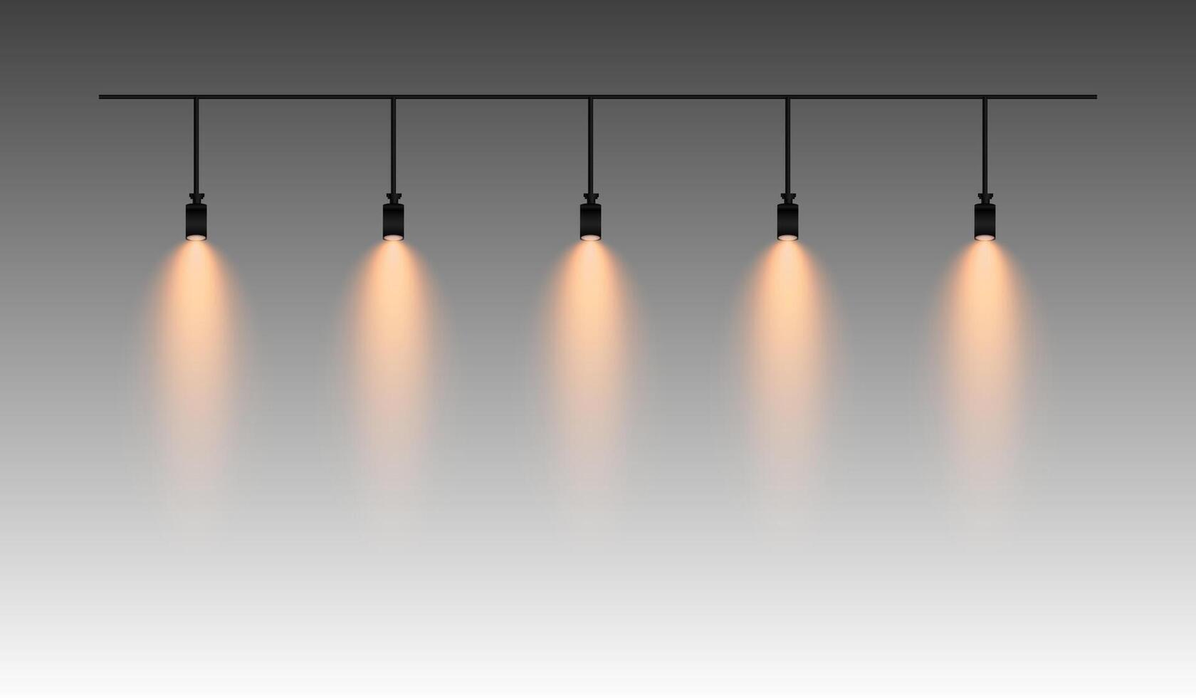 Row of yellow spotlights hanging from a track. Soft glow illuminating downward, creating a modern lighting effect. Ideal for stage lighting, exhibitions, and interior designs. Stage light vector