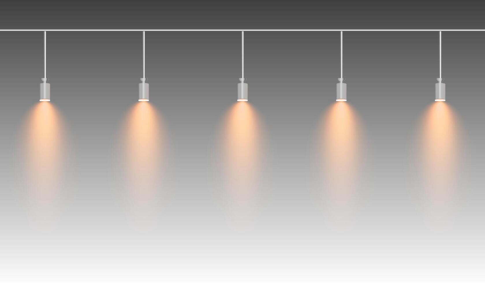 Row of yellow spotlights hanging from a track. Soft glow illuminating downward, creating a modern lighting effect. Ideal for stage lighting, exhibitions, and interior designs. Stage light vector