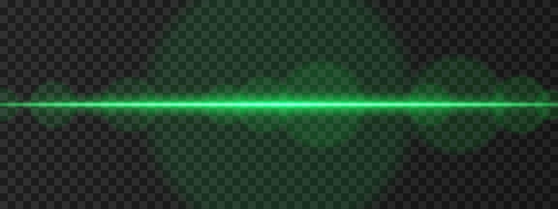 Intense green horizontal laser beam. Bright, focused light with lens flares and glow effects. Sci-fi design, futuristic highlights, and energy flow on a dark background. vector