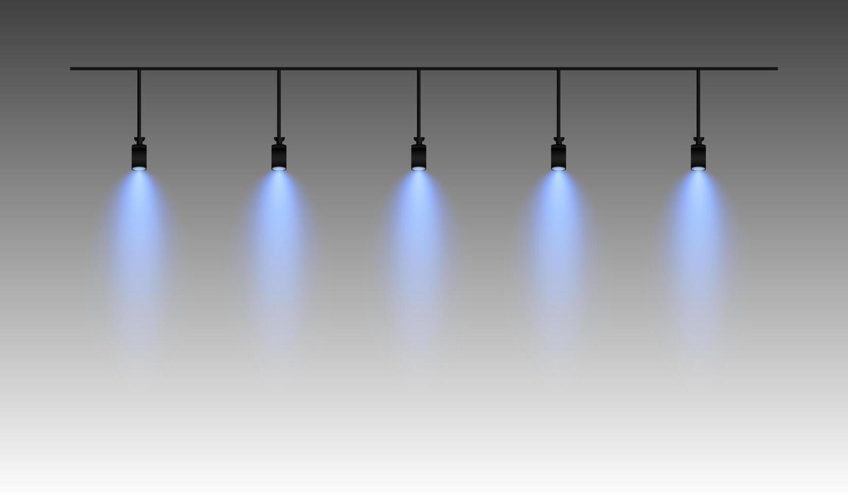 Row of blue spotlights hanging from a track. Soft glow illuminating downward, creating a modern lighting effect. Ideal for stage lighting, exhibitions, and interior designs. Stage light vector