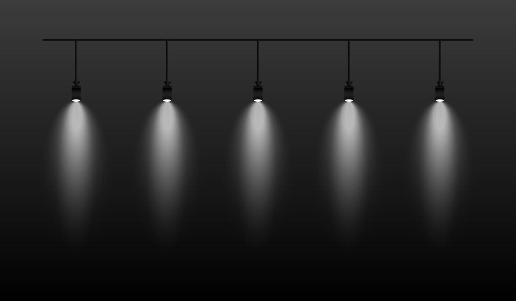 Row of white spotlights hanging from a track. Soft glow illuminating downward, creating a modern lighting effect. Ideal for stage lighting, exhibitions, and interior designs. Stage light vector