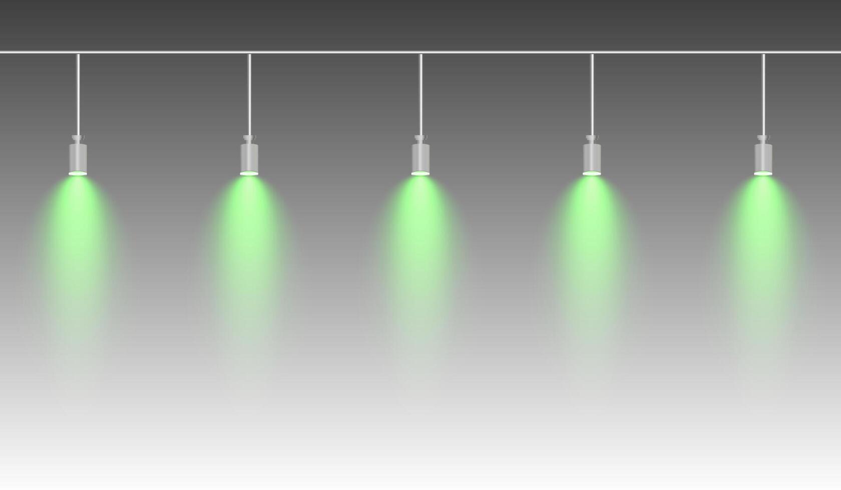 Row of green spotlights hanging from a track. Soft glow illuminating downward, creating a modern lighting effect. Ideal for stage lighting, exhibitions, and interior designs. Stage light vector